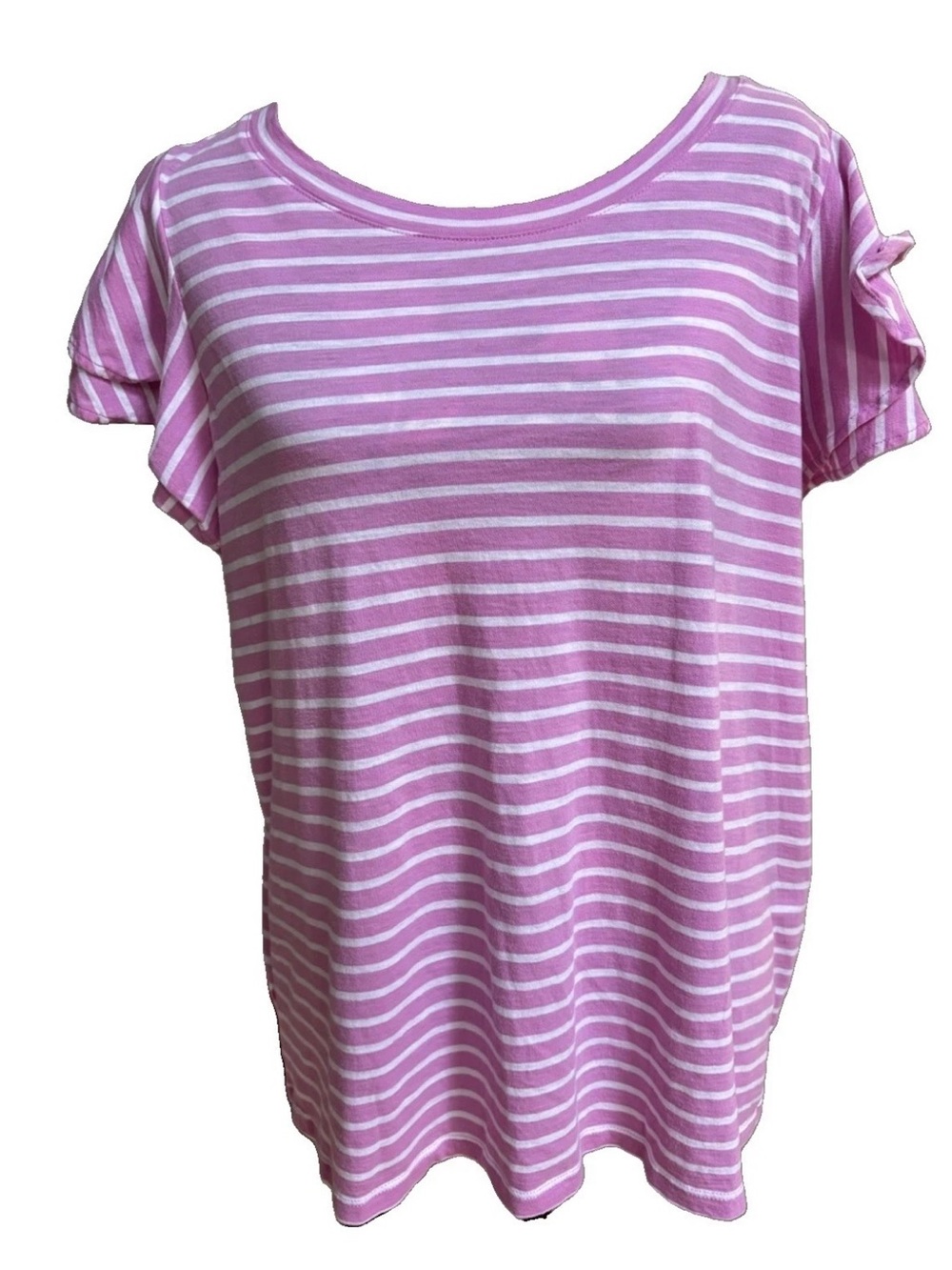 LOFT Women’s Knit Crew Neck Ruffle Sleeve Tee Purple/Pink White Striped XXL
